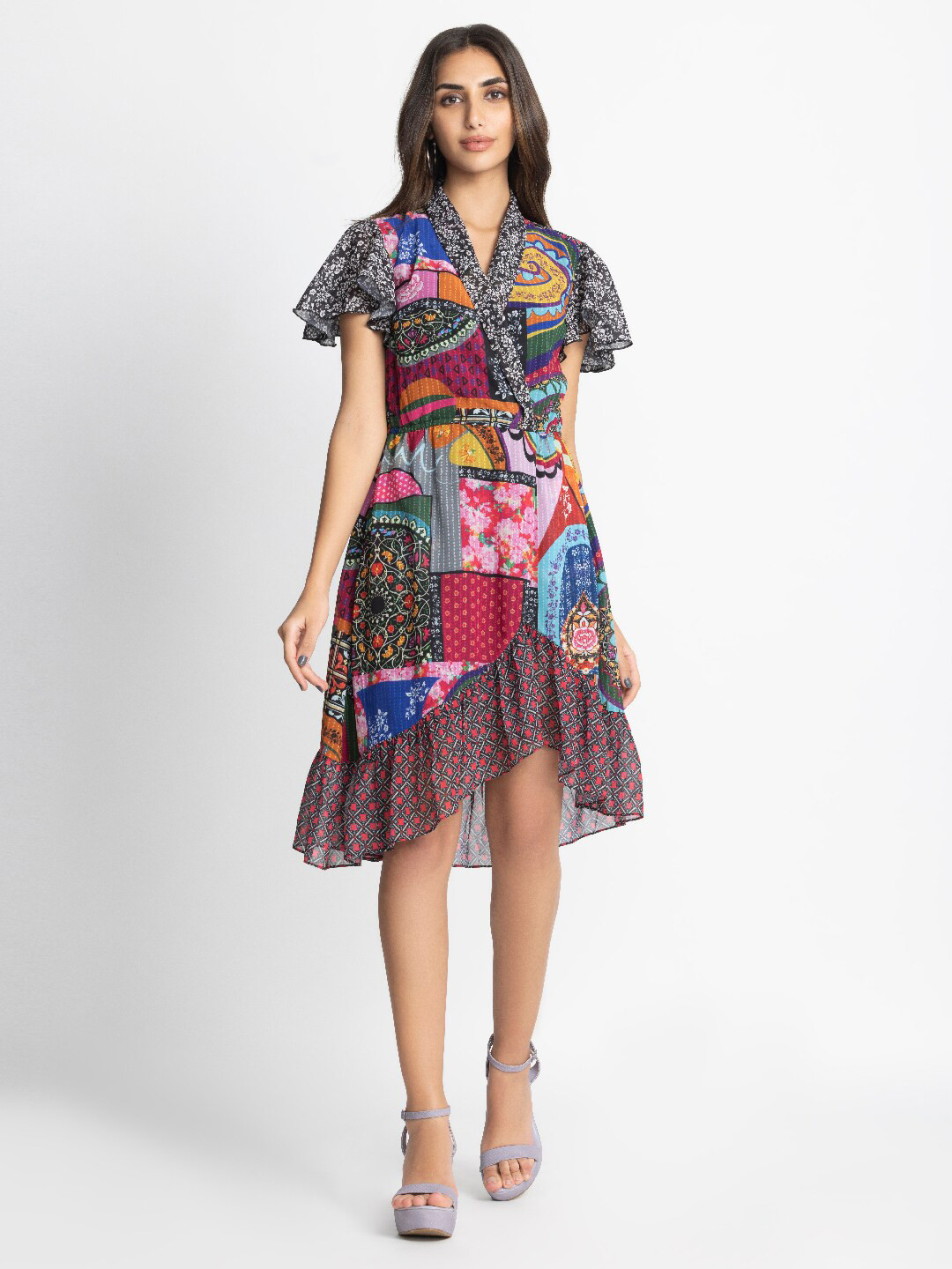SHAYE V-Neck Short Flared Sleeves Abstract Printed Georgette Fit & Flare Dress