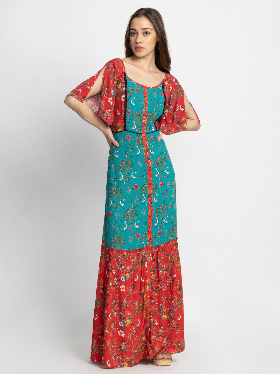 SHAYE Flutter Sleeves Floral Maxi Dress