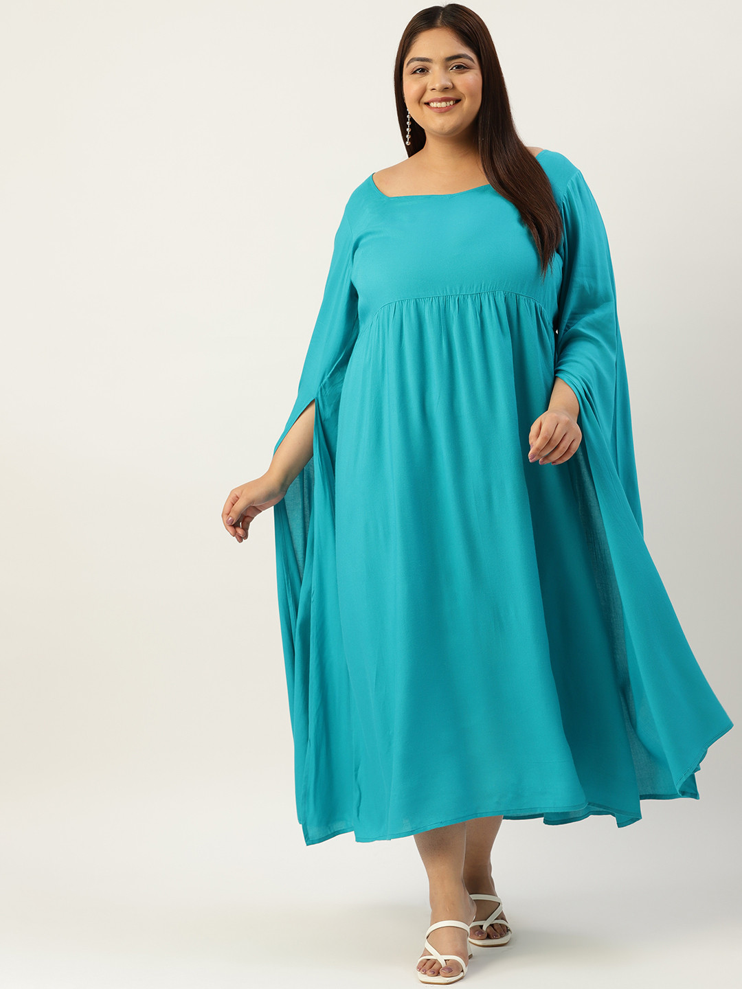 theRebelinme Plus Size Slit Sleeves Sweetheart Neck Slit Sleeves A-Line Midi Dress
