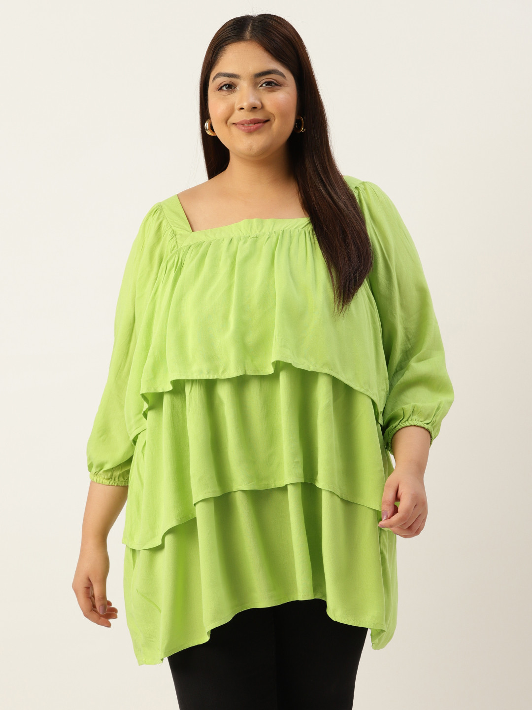 theRebelinme Plus Size Layered Puff Sleeves Longline Top