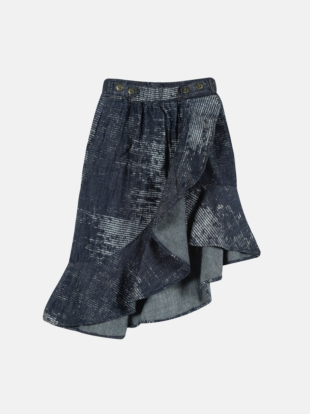 KiddoPanti Girls Printed Asymmetrical Ruffle Denim Skirt