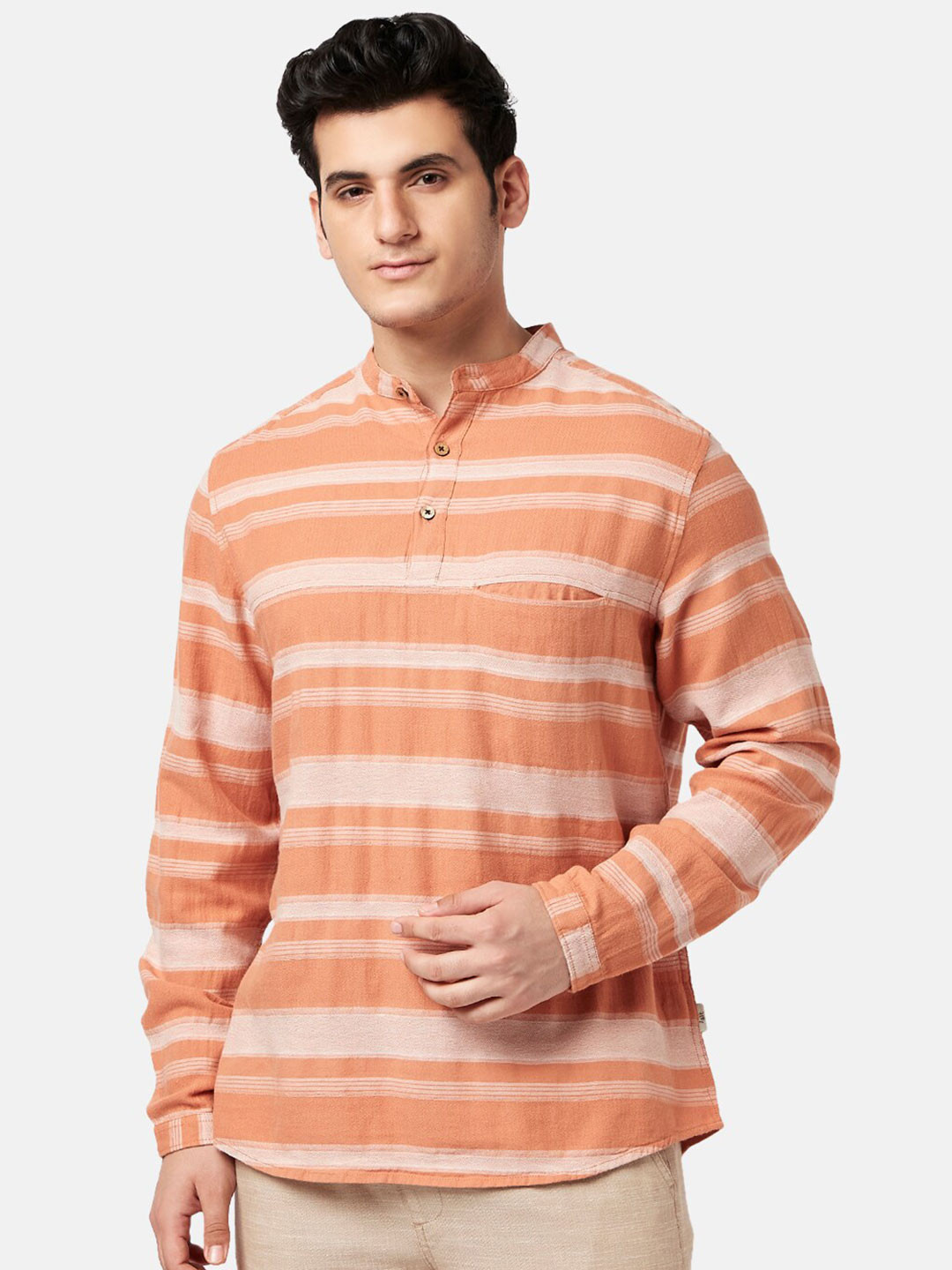 7 Alt by Pantaloons Mandarin Collar Long Sleeves Horizontal Striped Casual Cotton Shirt