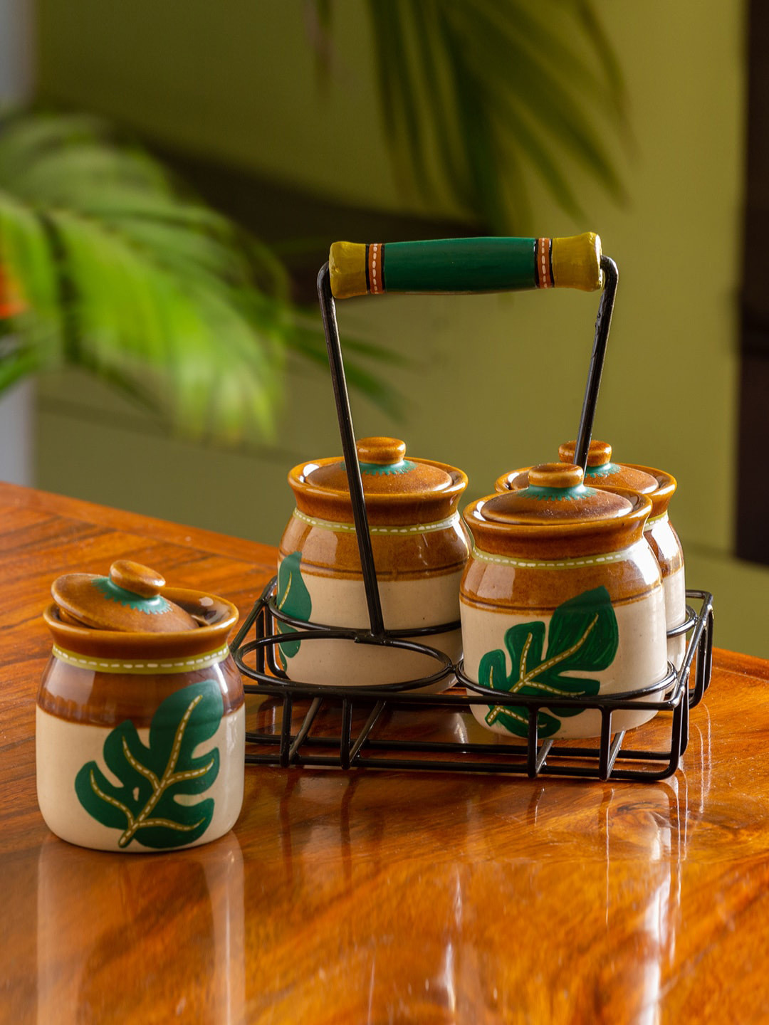 ExclusiveLane Brown & Green 4 Pcs Printed Ceramic Jars With Lids & Holder