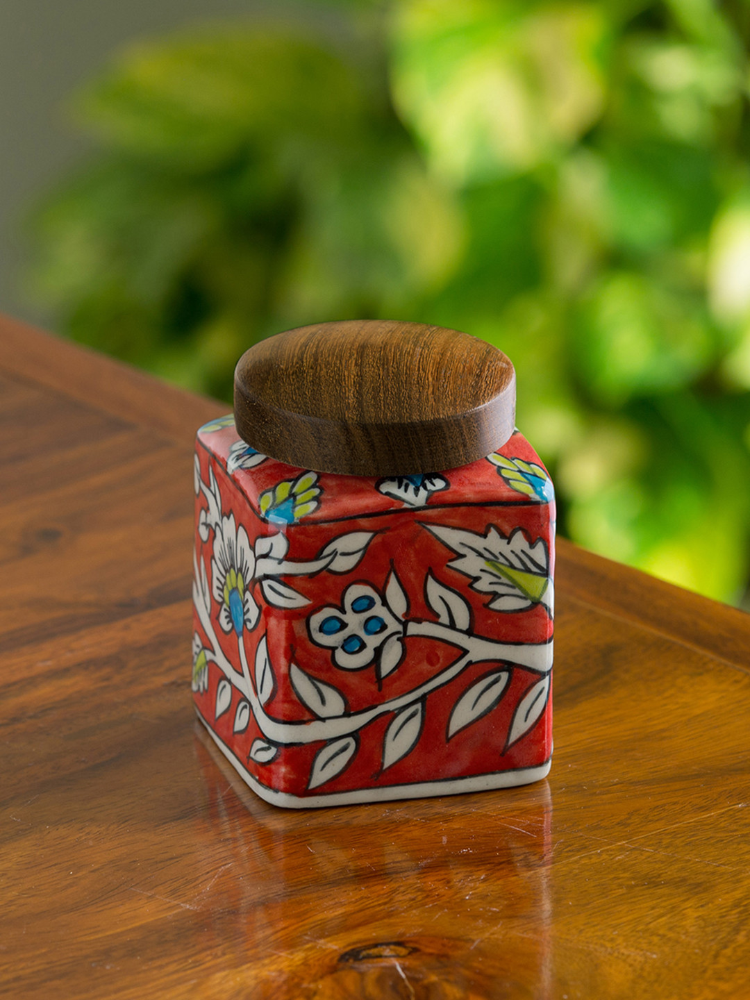 ExclusiveLane Red & Brown 2 Pcs Printed Ceramic Storage Jars Containers 240 ml each