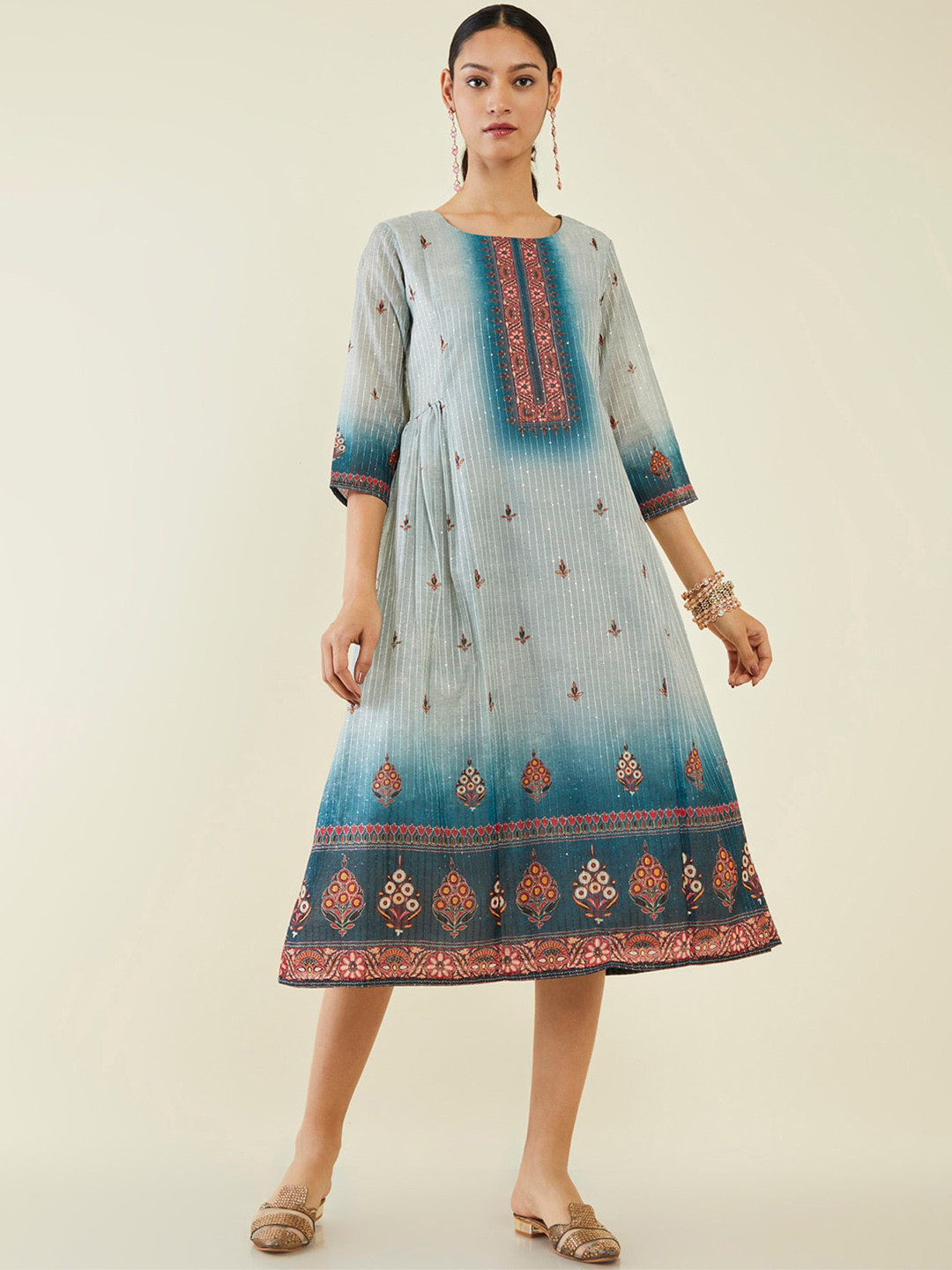 Soch Floral Printed Sequined Chanderi Silk Midi Ethnic Dress