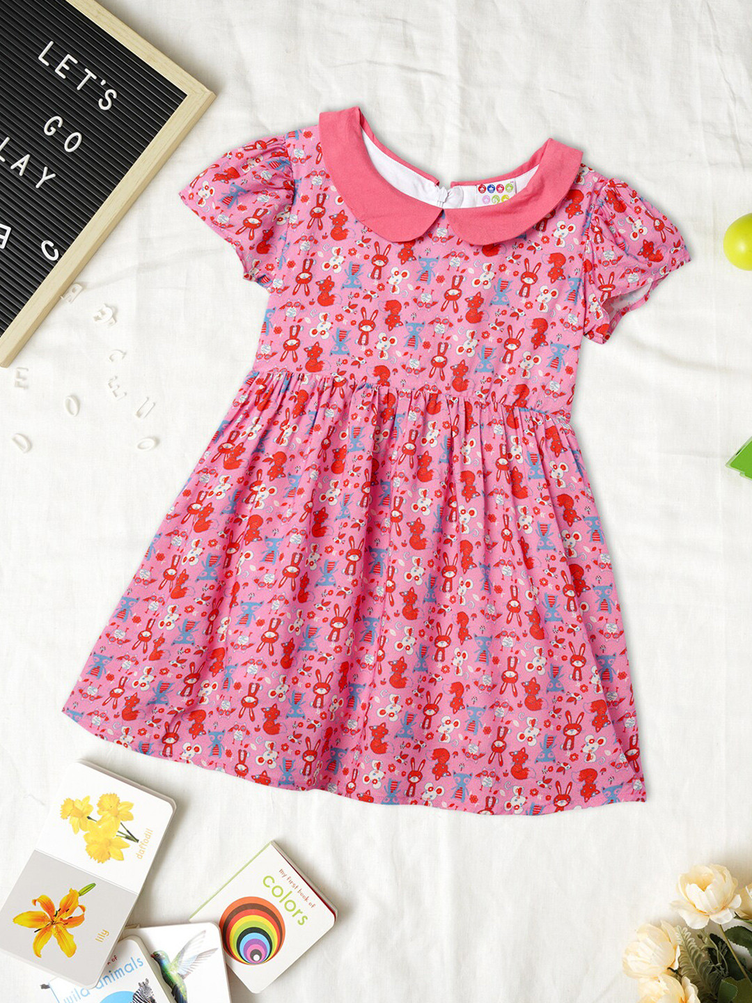 ZION Girls Fit & Flare Conversational Printed Peter Pan Collar Dress