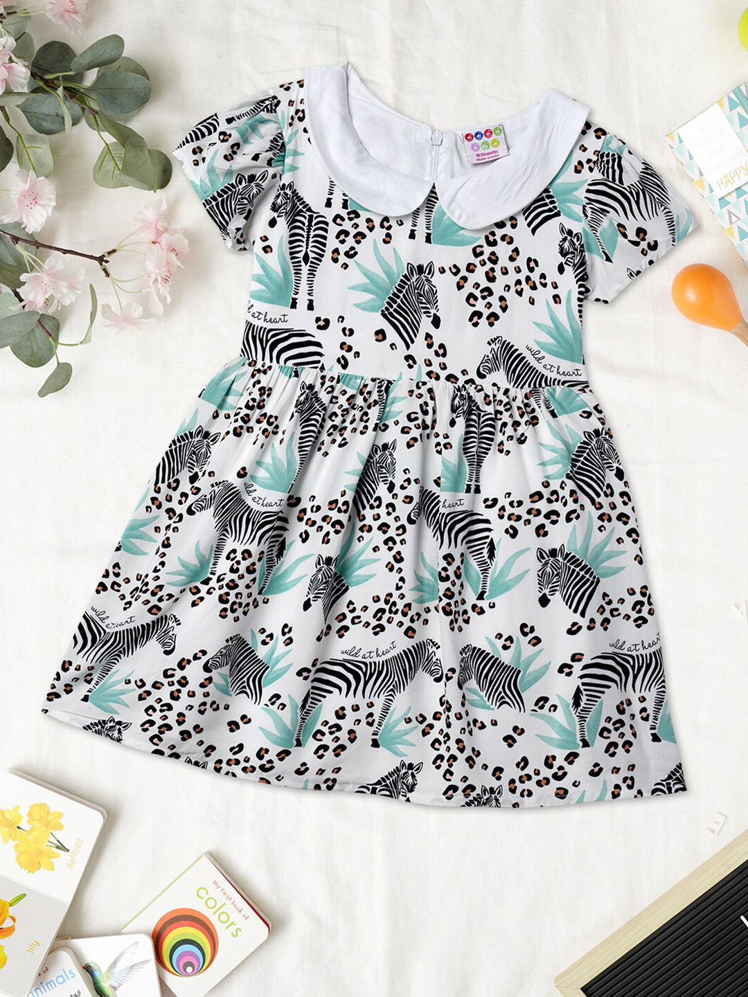 ZION Girls Printed Peter Pan Collar Fit & Flare Dress