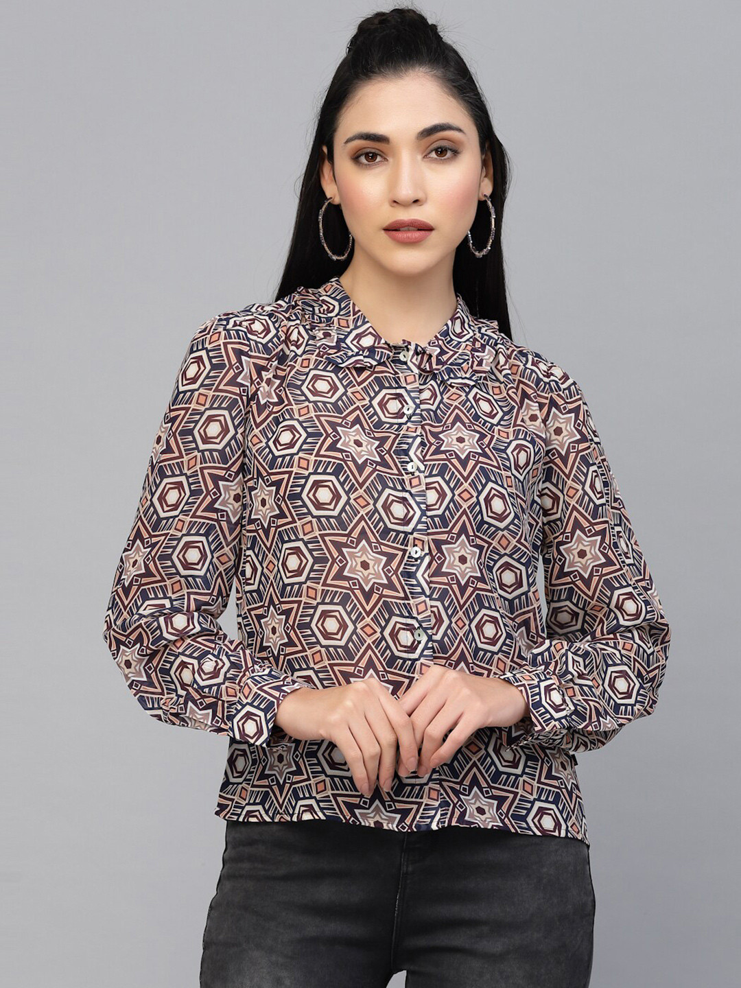 VALBONE Comfort Semi Sheer Geometric Printed Casual Shirt