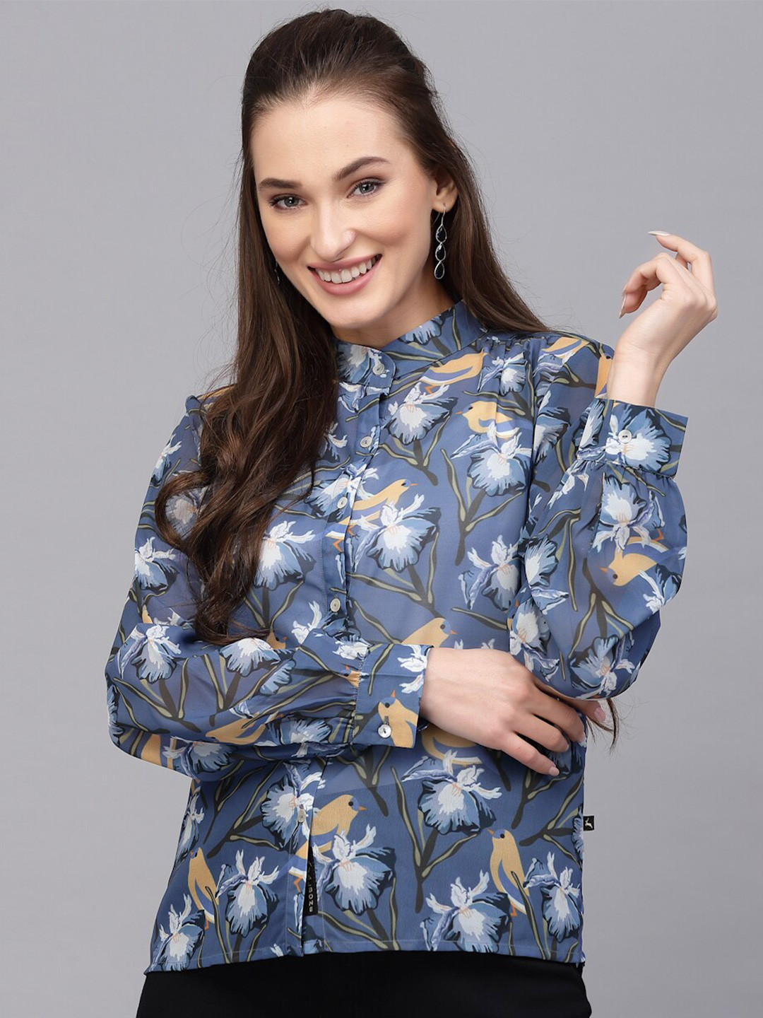 VALBONE Comfort Band Collar Floral Printed Semi Sheer Casual Shirt