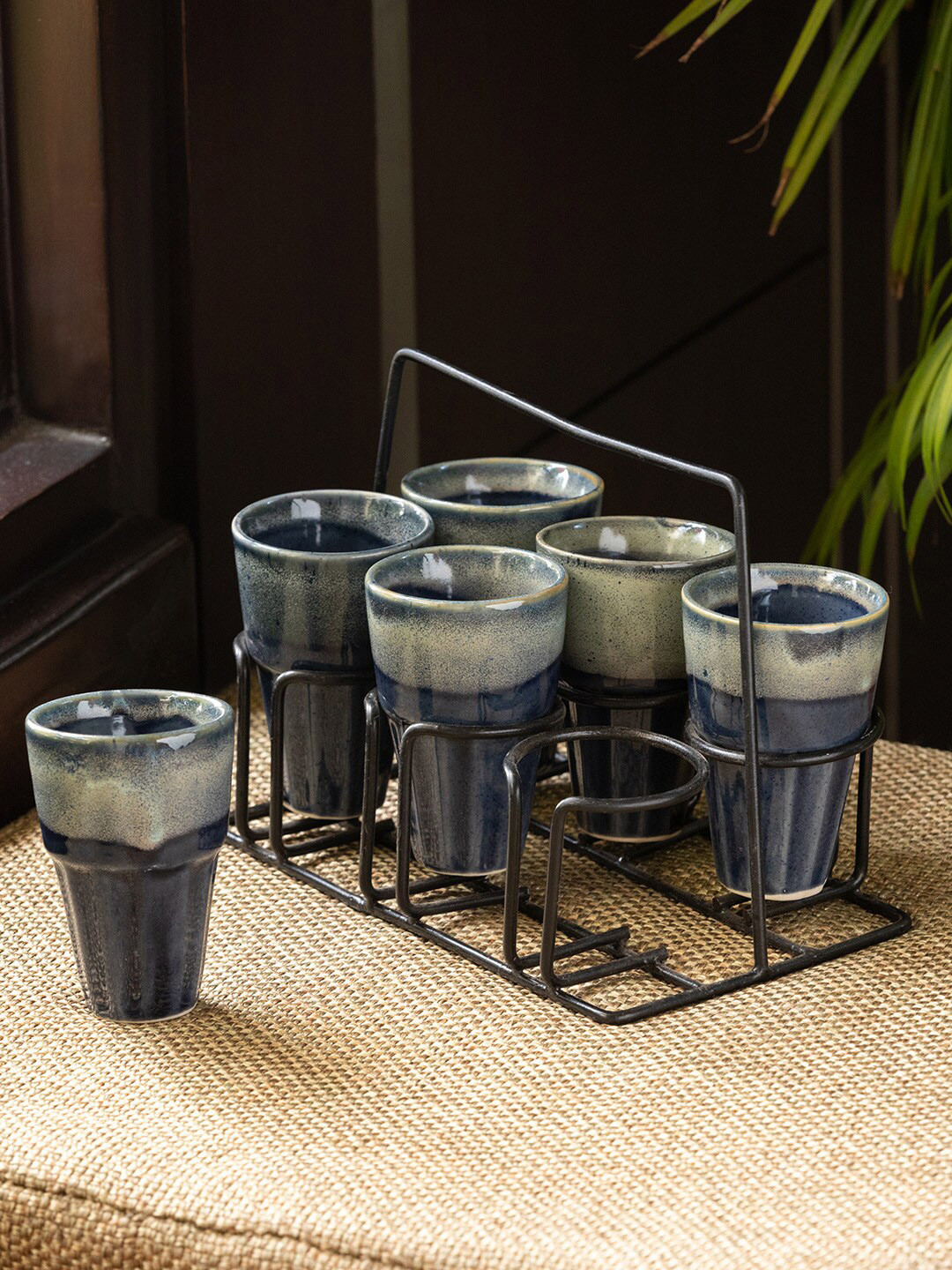 ExclusiveLane Blue Textured Stoneware Microwave Safe 6 Piece Tea Glass with Stand-100ml