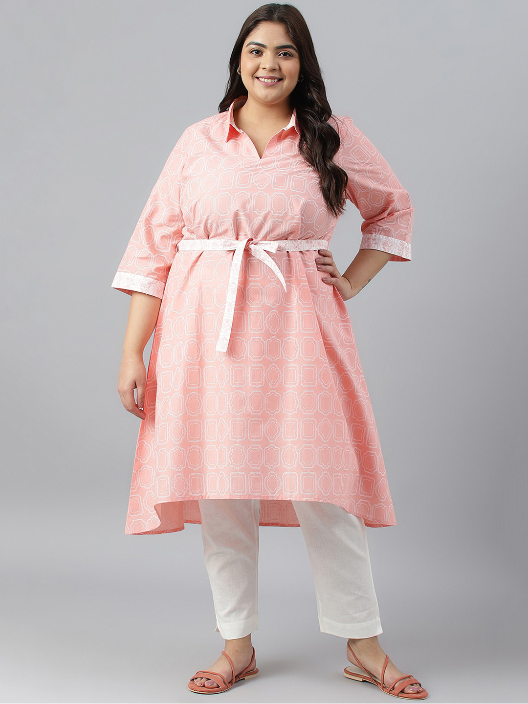 AURELIA Plus Size Shirt Collar Ethnic Motifs Printed Pure Cotton Anarkali Kurta