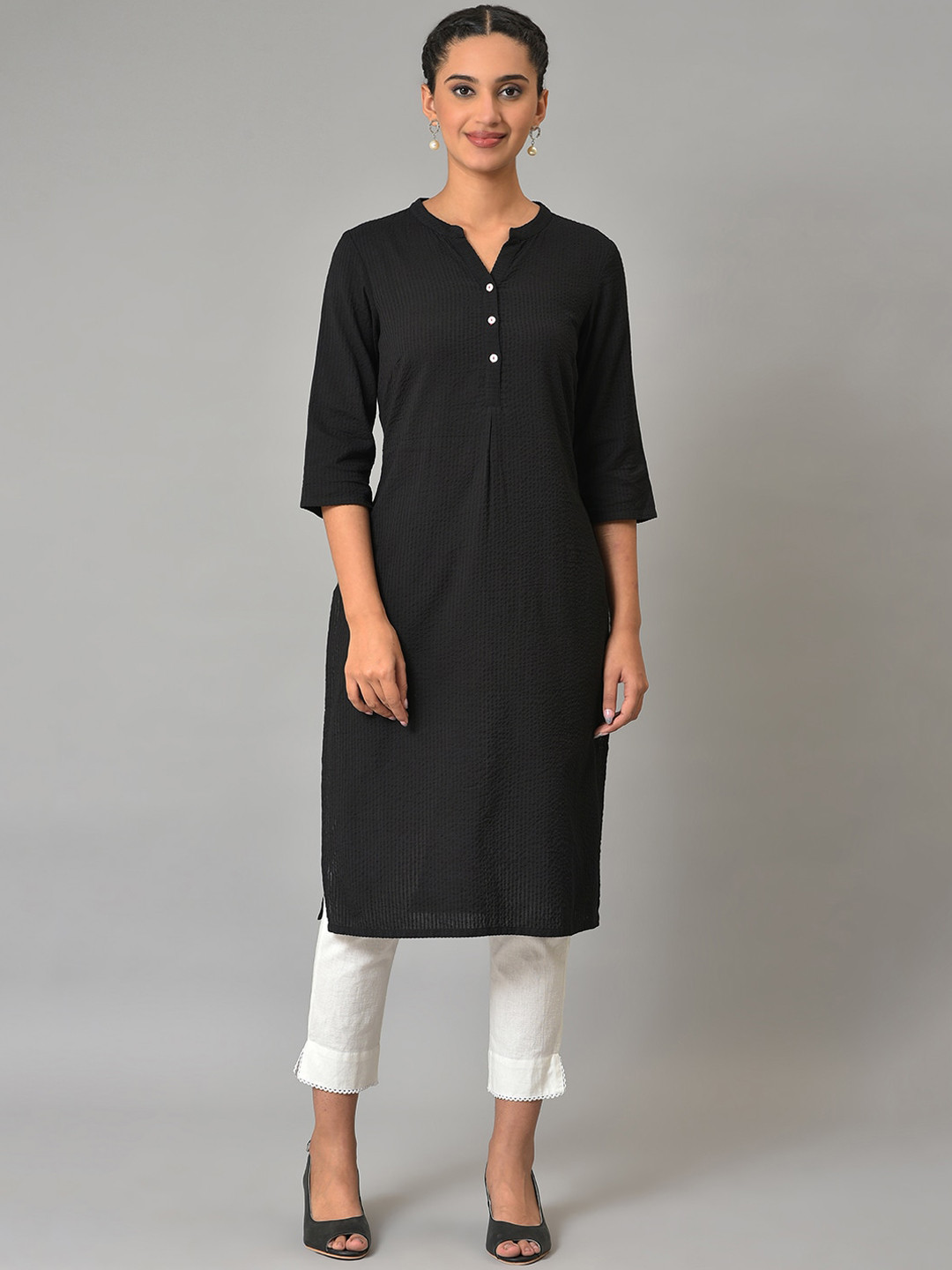 AURELIA Self Design Band Collar Pure Cotton Kurta
