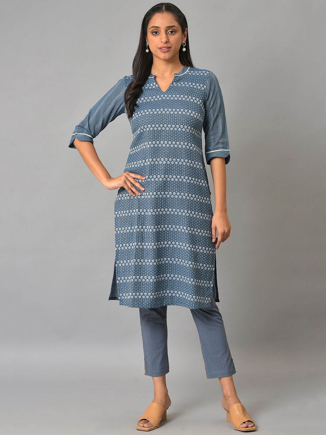 AURELIA Band Collar Floral Printed Cotton Kurta