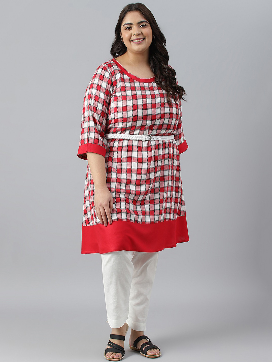 AURELIA Plus Size Round Neck Checked Thread Work Kurta With Belt