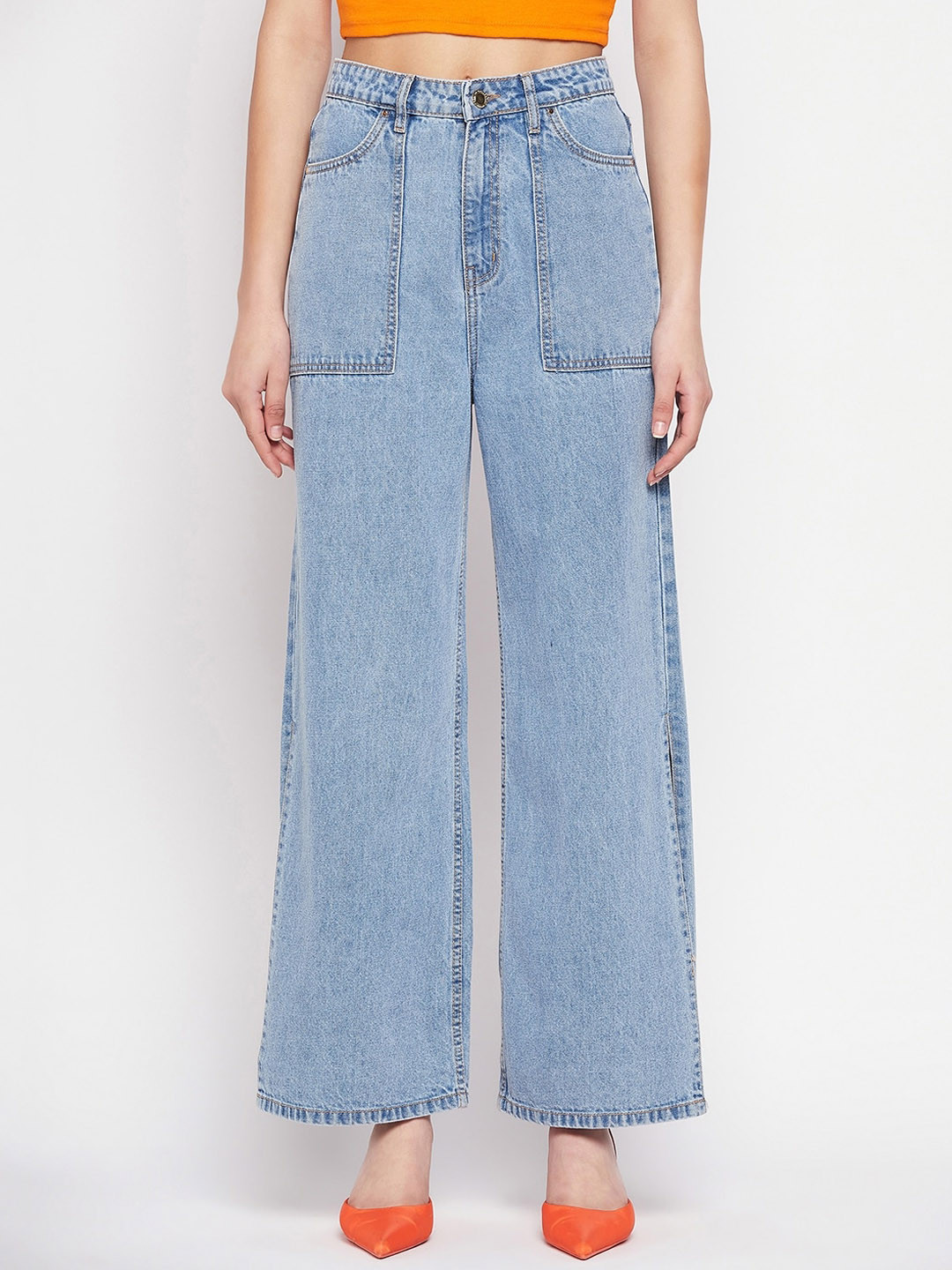 Madame Women Clean Look Straight Fit Slit Cotton Jeans