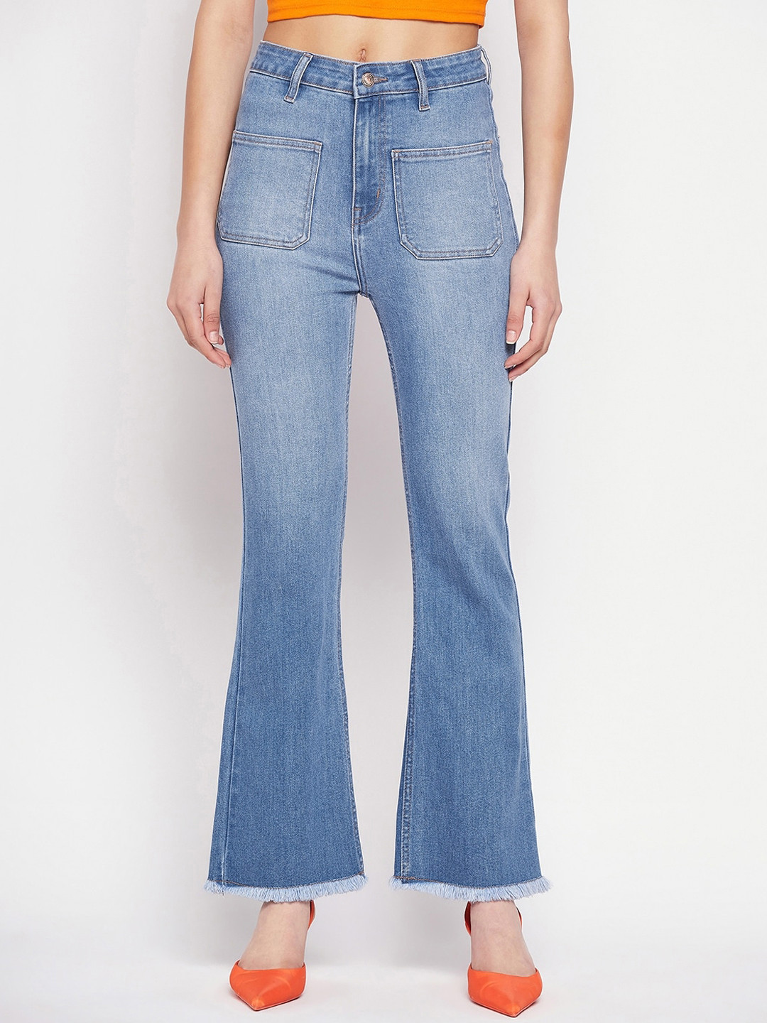 Madame Women Frayed Hem Light Fade Cotton Bootcut  Jeans