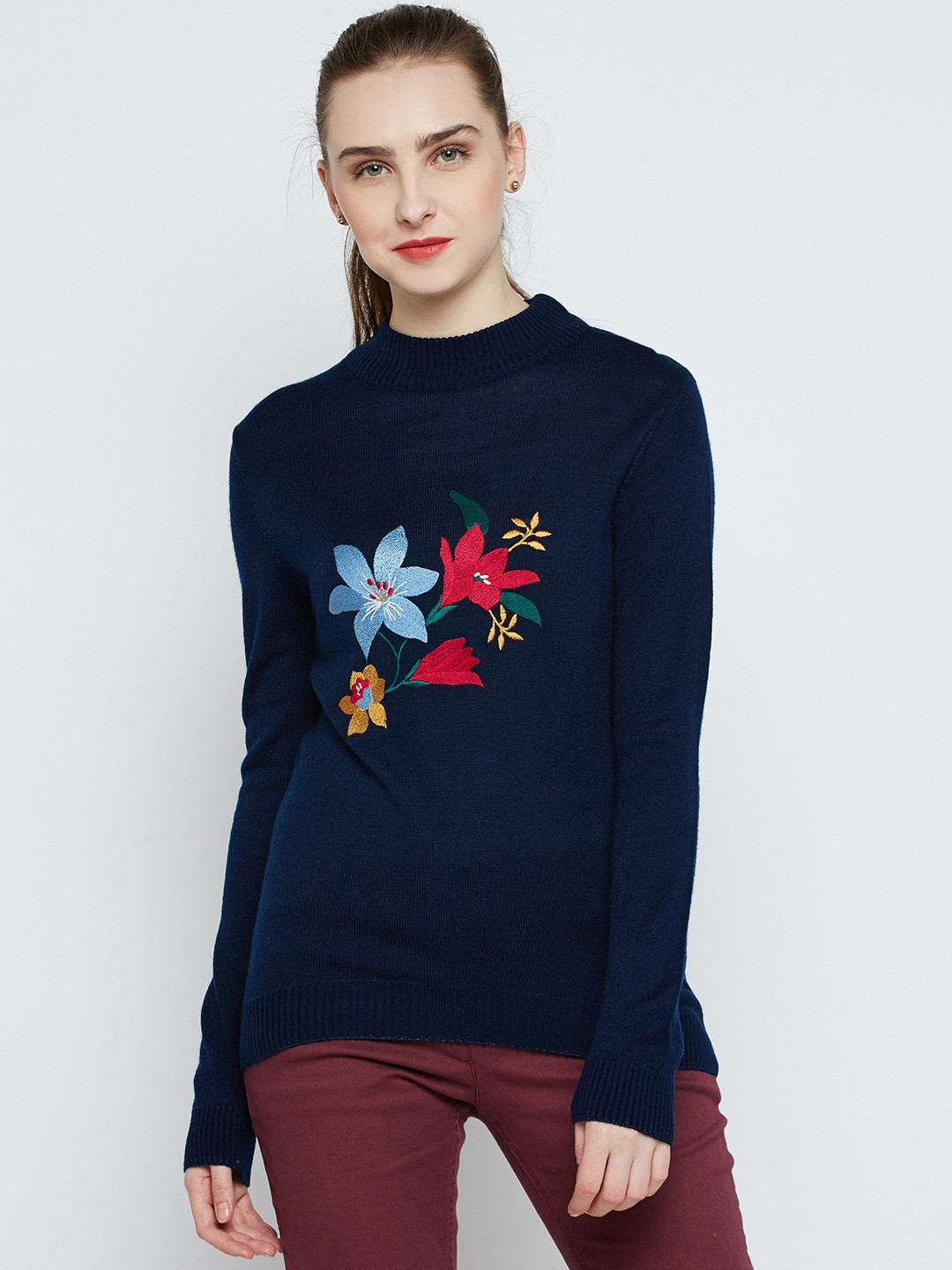 Marie Claire Women Blue Solid Pullover with Embroidered Detail