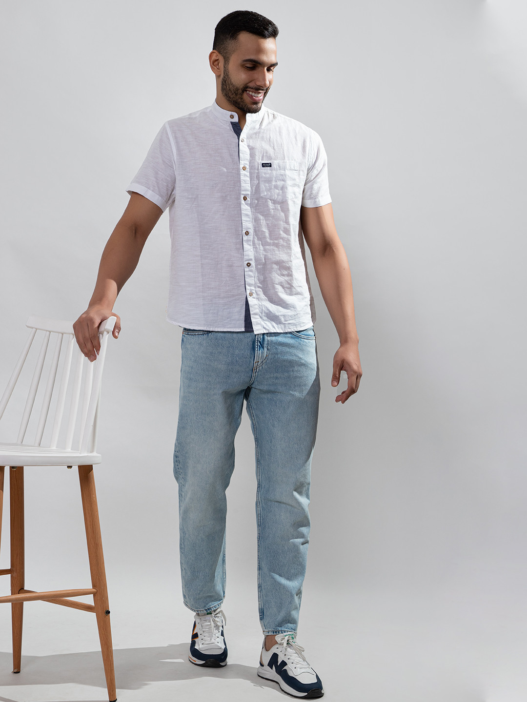 ARMISTO Modern Band Collar Linen Casual Shirt