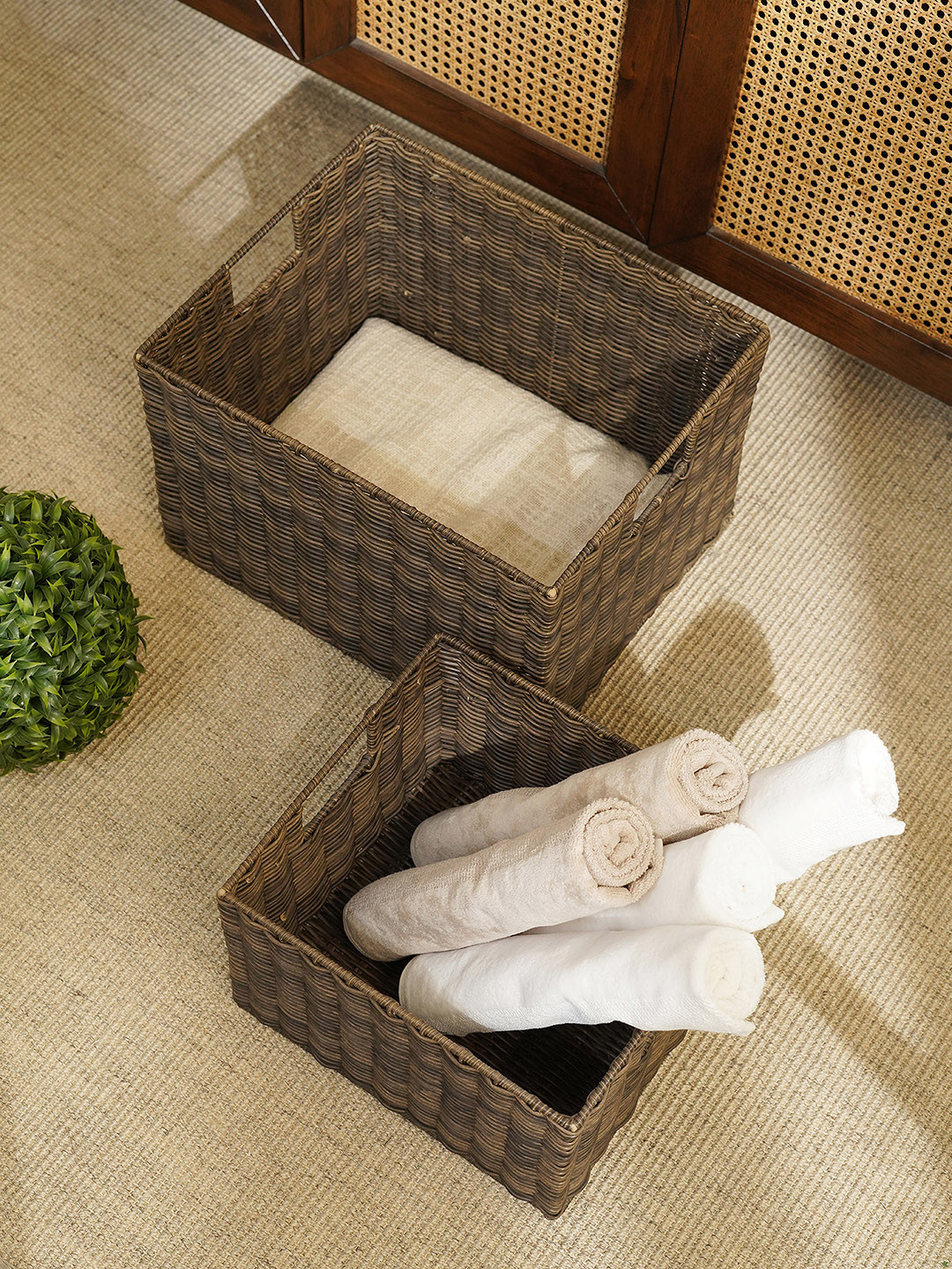 Pure Home and Living Brown 2 Pieces Resin Wicker Utility Baskets