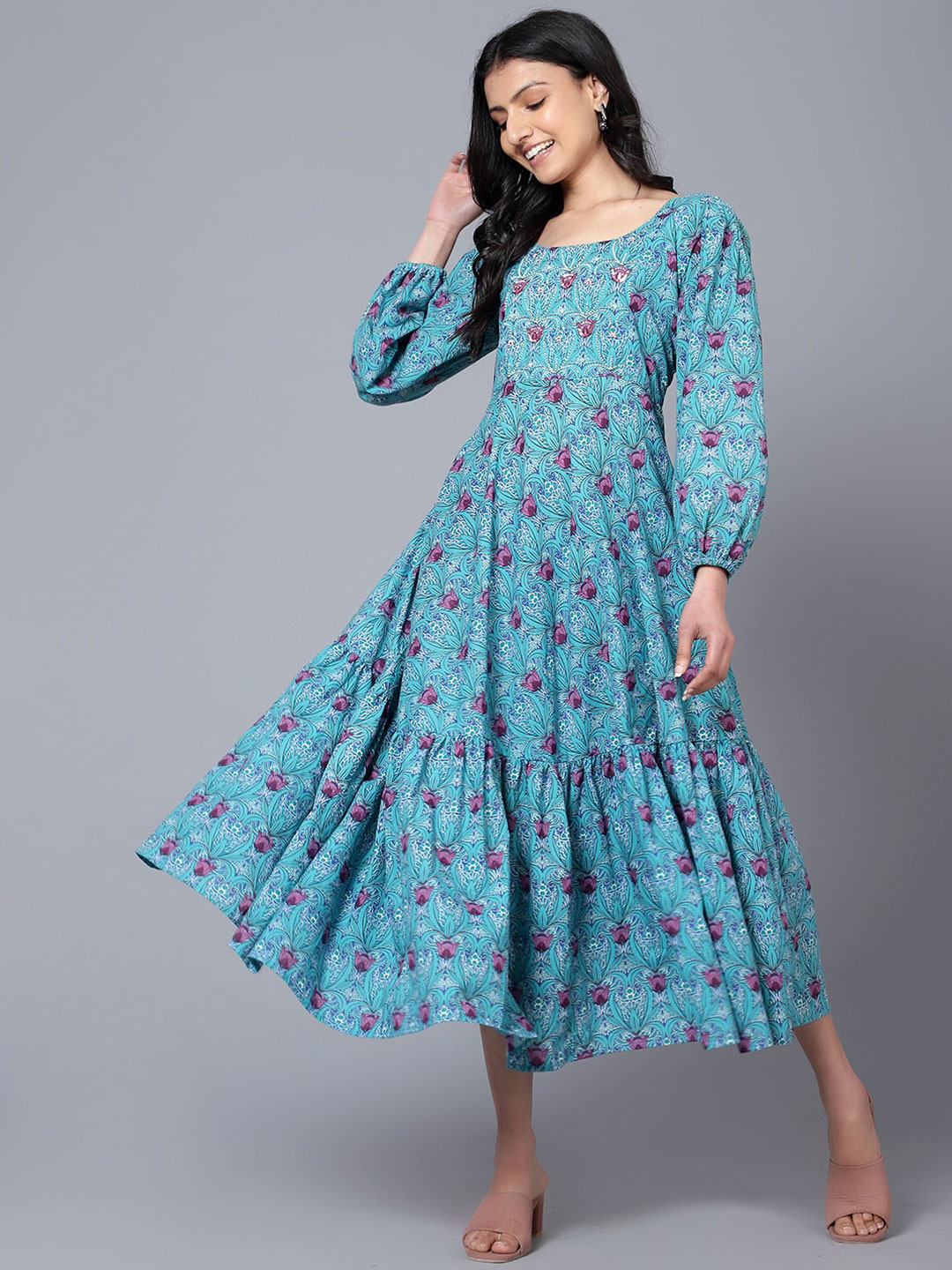 Bani Women Floral Printed Fit And Flare Cotton Midi Dress
