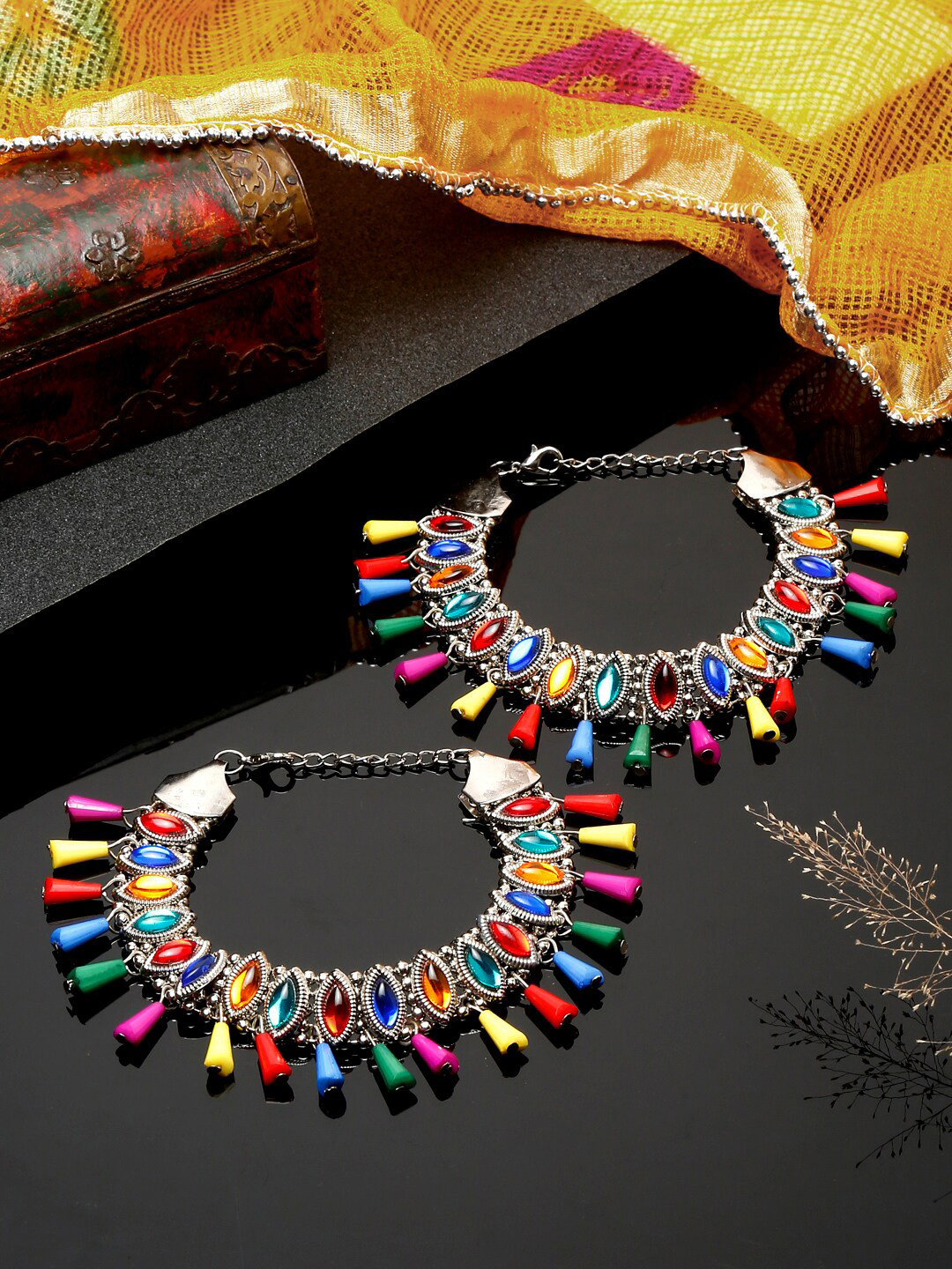YouBella Set Of 2 German Silver Silver-Plated Stones & Beads-Studded Anklets