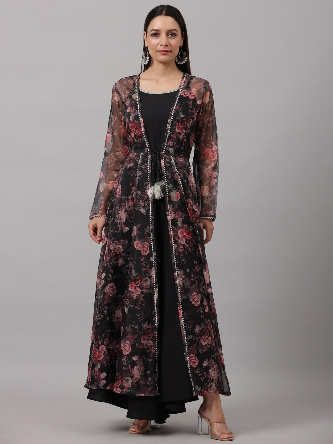 Do Dhaage Floral Printed Maxi Silk Dress with Jacket