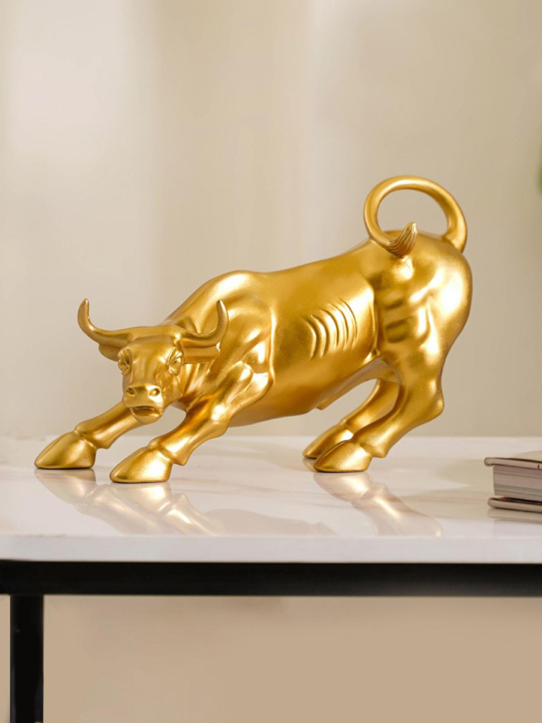 Nestasia Charging Bull Gold Polyresin Natural Living Room Medium Showpiece - 7.7 Inches
