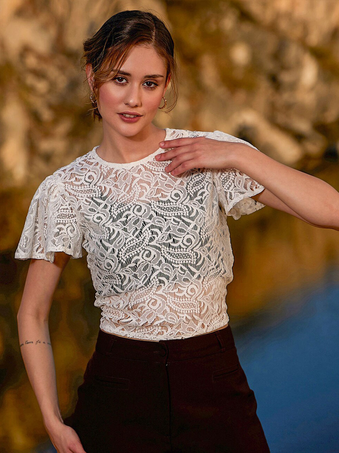 Athena Self Design Lace Back Knot Top