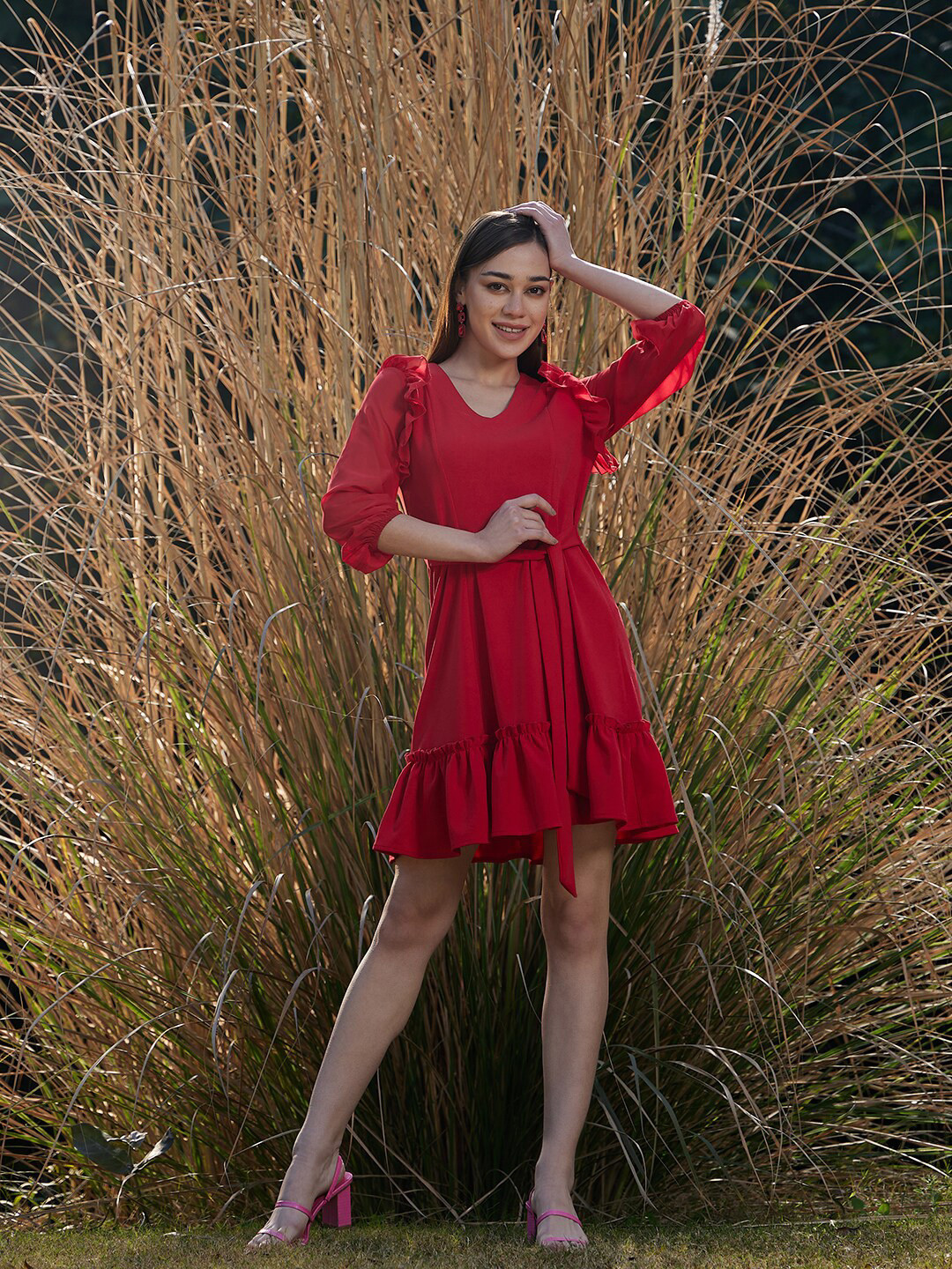 Athena Scuba V-Neck Puff Sleeves Ruffle A-Line Dress