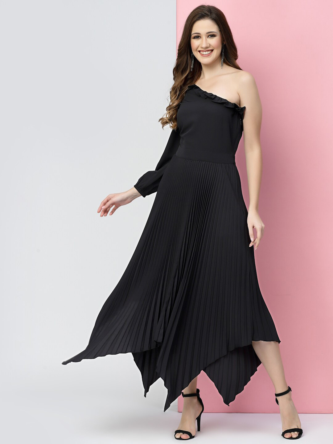 KASSUALLY Pleated Asymmetry One Shoulder Midi Fit & Flare Dress