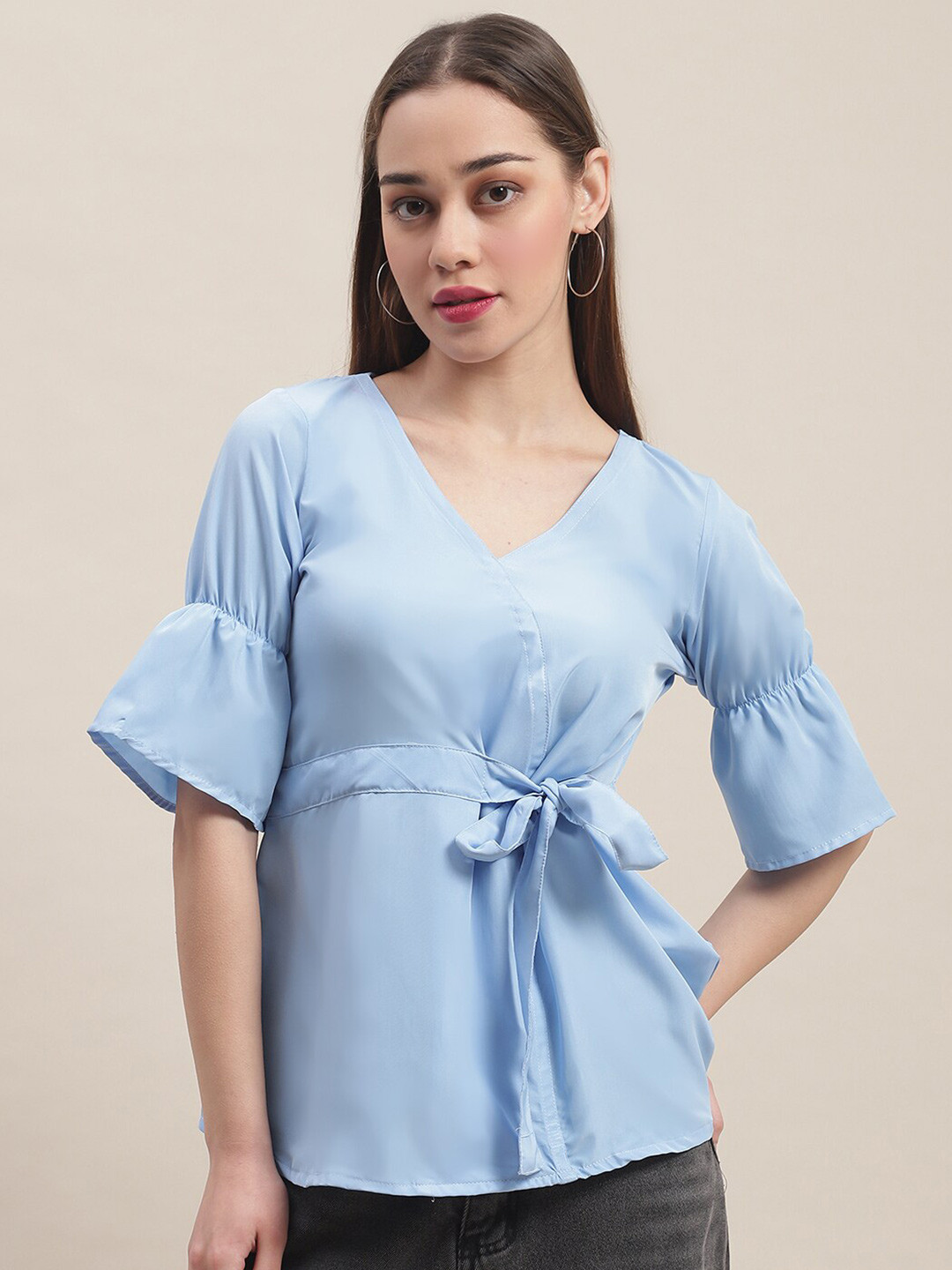 Enchanted Drapes Tie-Ups V-Neck Bell sleeves Crepe Wrap Top