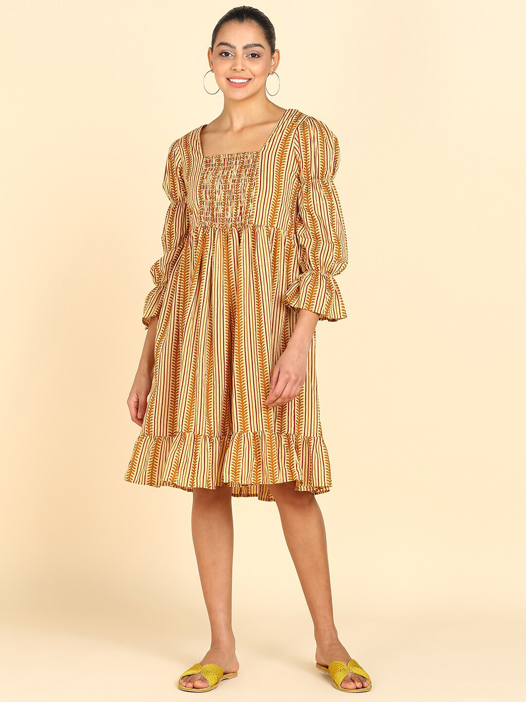 ZNX Clothing Striped Smocked Square Neck Cotton Dress