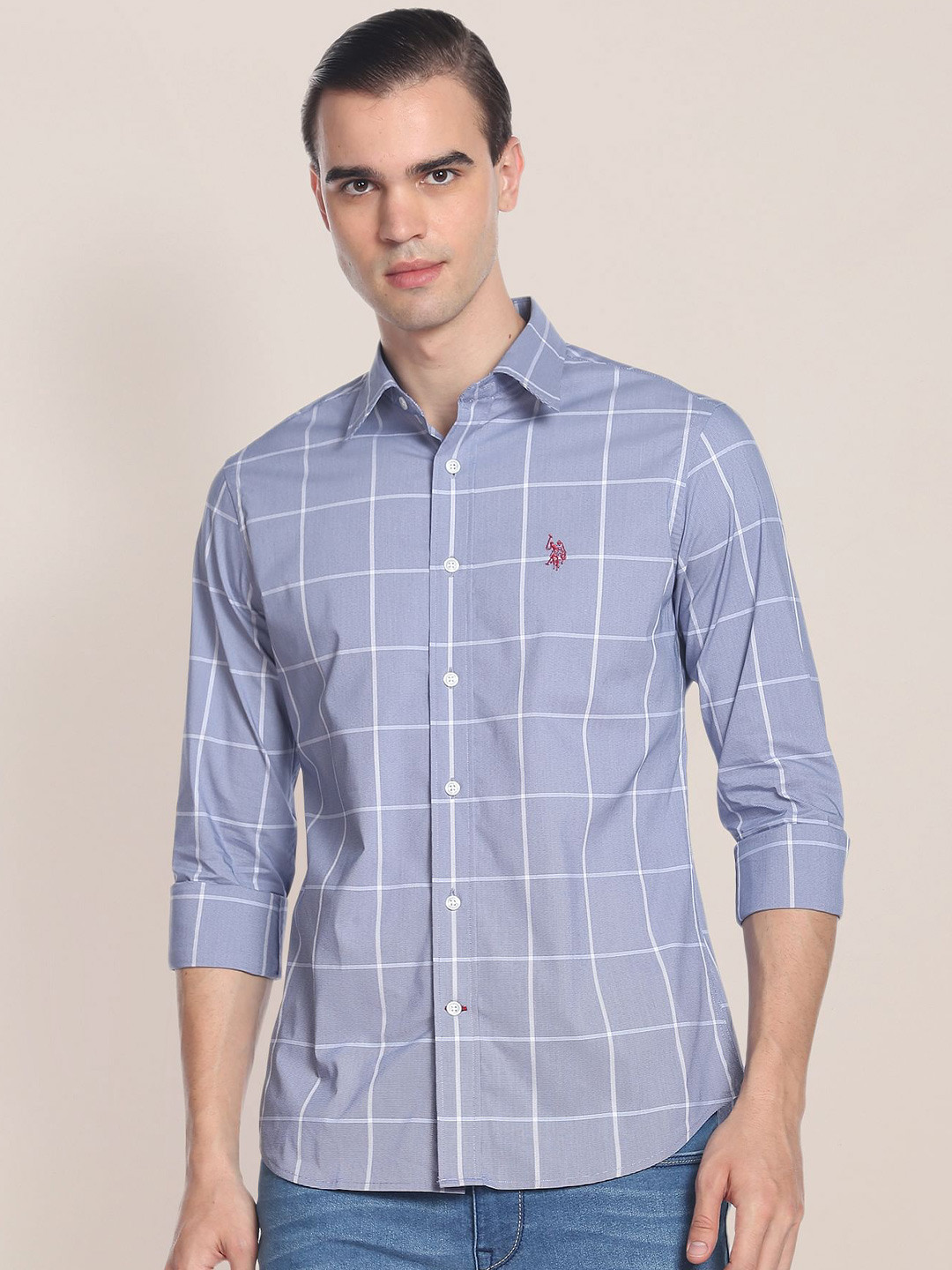 U.S. Polo Assn. Windowpane Checks Checked Cotton Casual Shirt