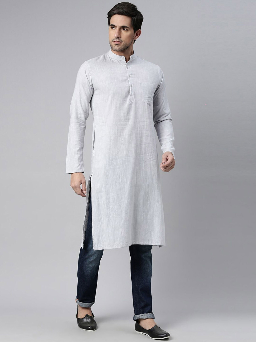 Kryptic Mandarin Collar Cotton Long Sleeves Straight Kurta