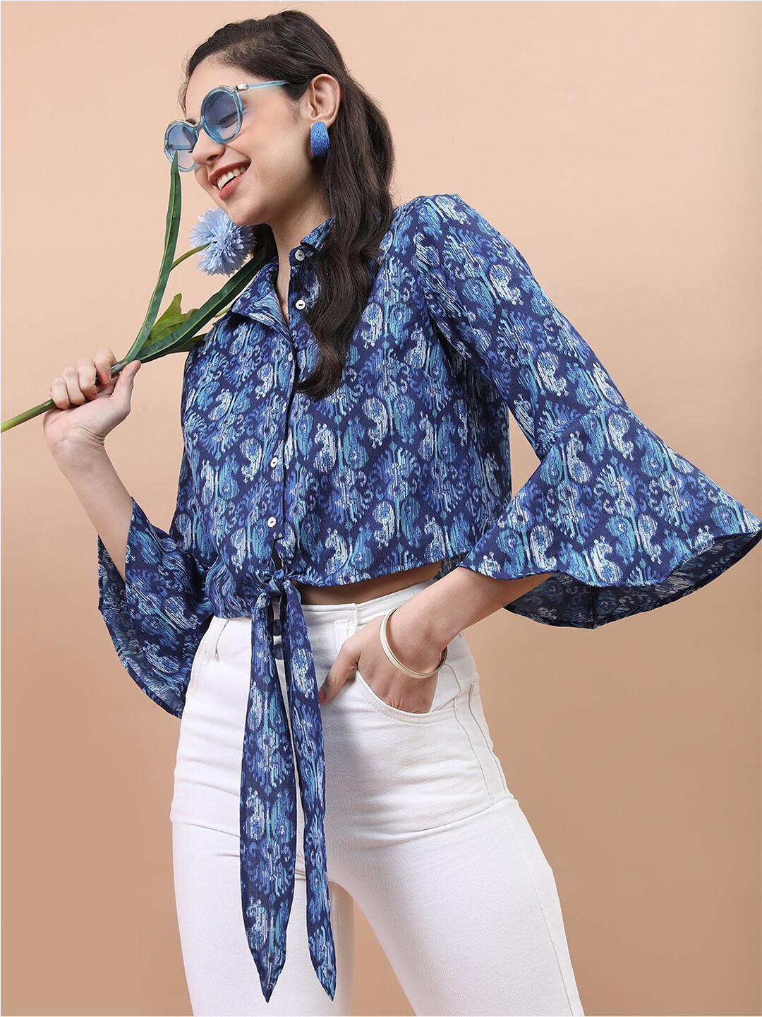 Vishudh Navy Blue Floral Print Shirt Style Top