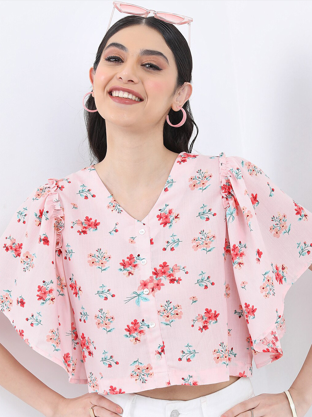 Vishudh Floral Printed Shirt Style Crop Top