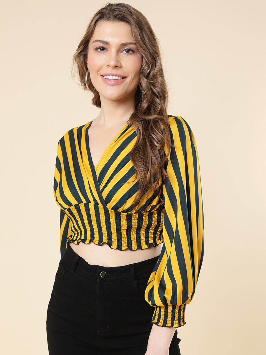 A T U N Mustard Yellow Print Crepe Crop Top