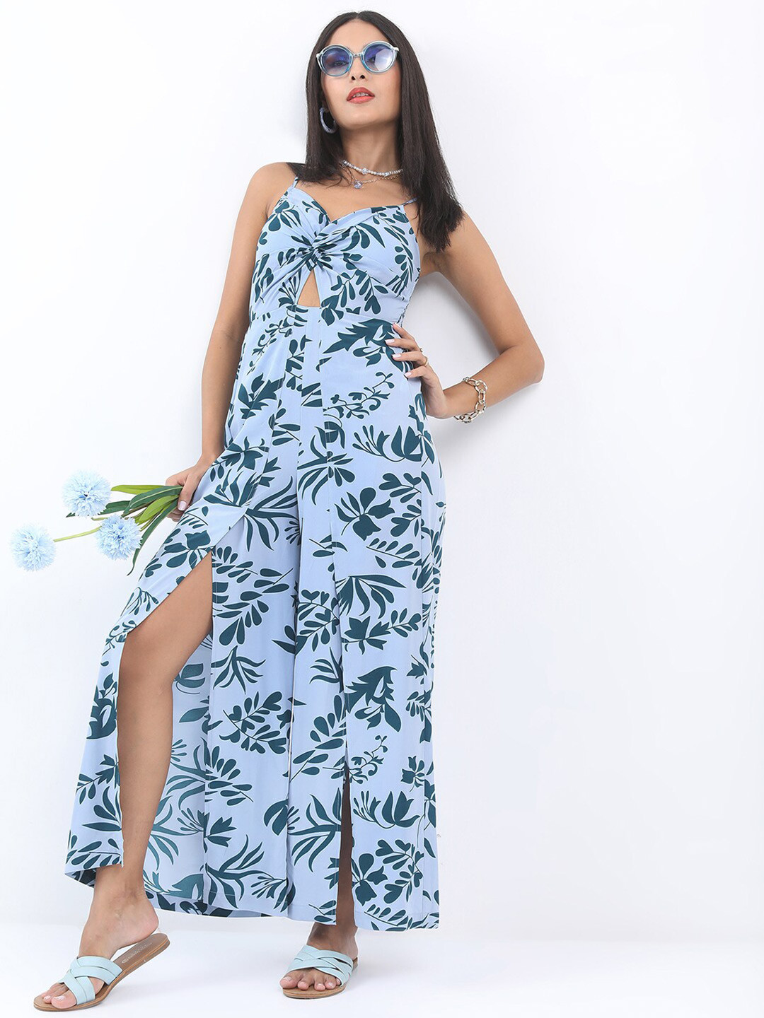 KETCH Printed Shoulder Straps Gathers Cut Out Flared Leg Jumpsuit