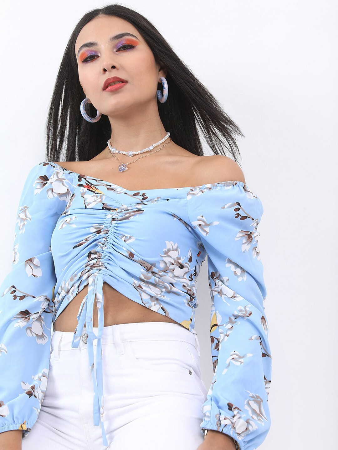 KETCH Blue Floral Print Off-Shoulder Bardot Crop Top