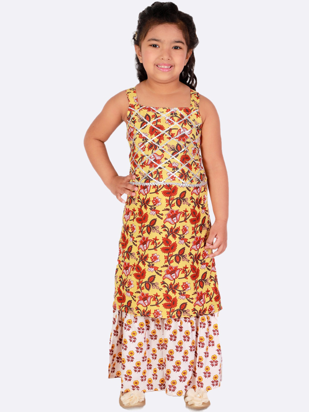 Superminis Girls Shoulder Straps Floral Printed Pure Cotton Kurta With Sharara
