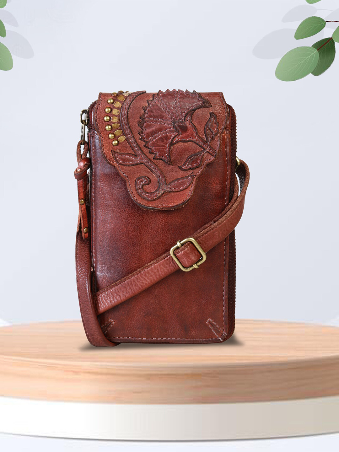 ART N VINTAGE Women Embroidered Leather Zip Around Wallet With Sling Strap