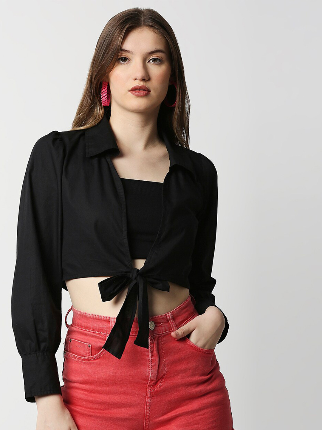Remanika Comfort Shirt Collar Waist Tie-Ups Cotton Casual Crop Shirt