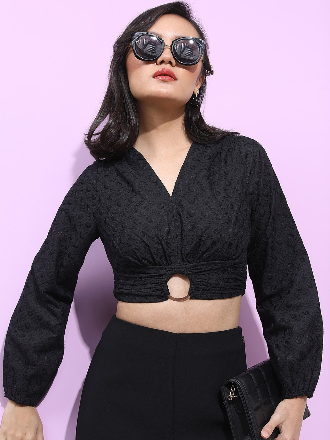 Tokyo Talkies Cuffed Sleeves Self Design Bralette Cut Out Crop Top