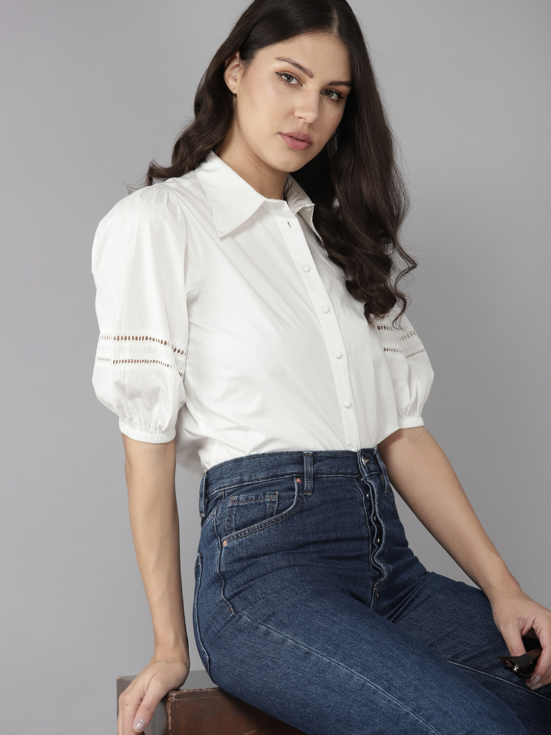 The Roadster Lifestyle Co.  Cotton Lace Inserted Puff Sleeves Shirt