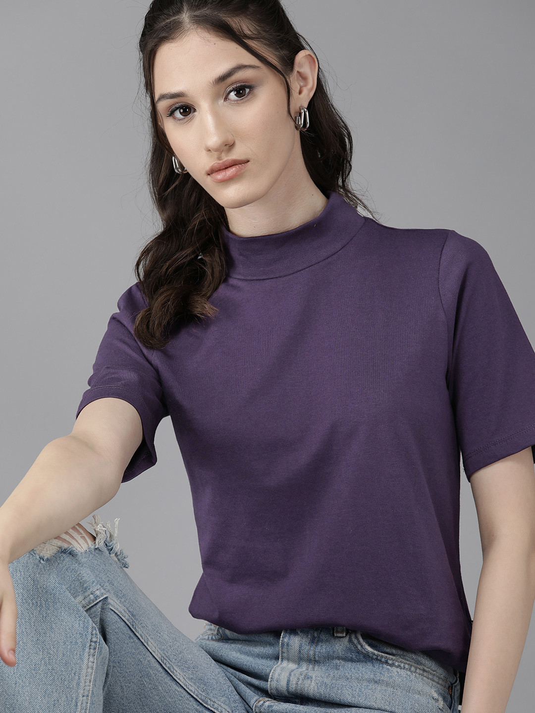 The Roadster Lifestyle Co. Solid High Neck T-shirt