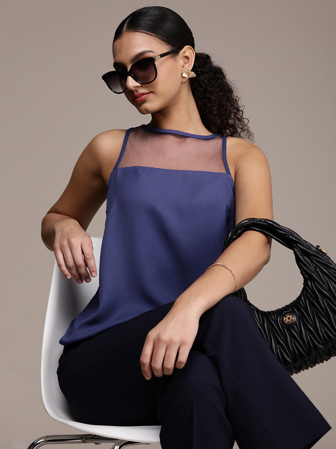 French Connection Solid Sleeveless Top With Net Detailing