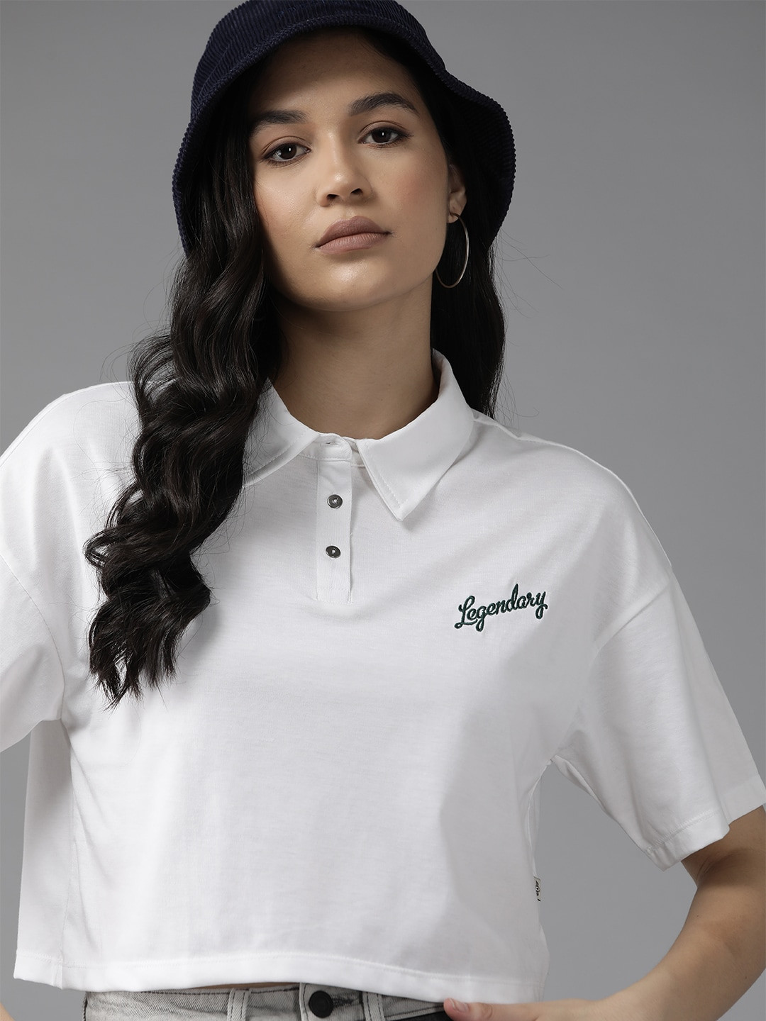 Roadster Women Cropped Boxy Fit Polo Collar T-shirt