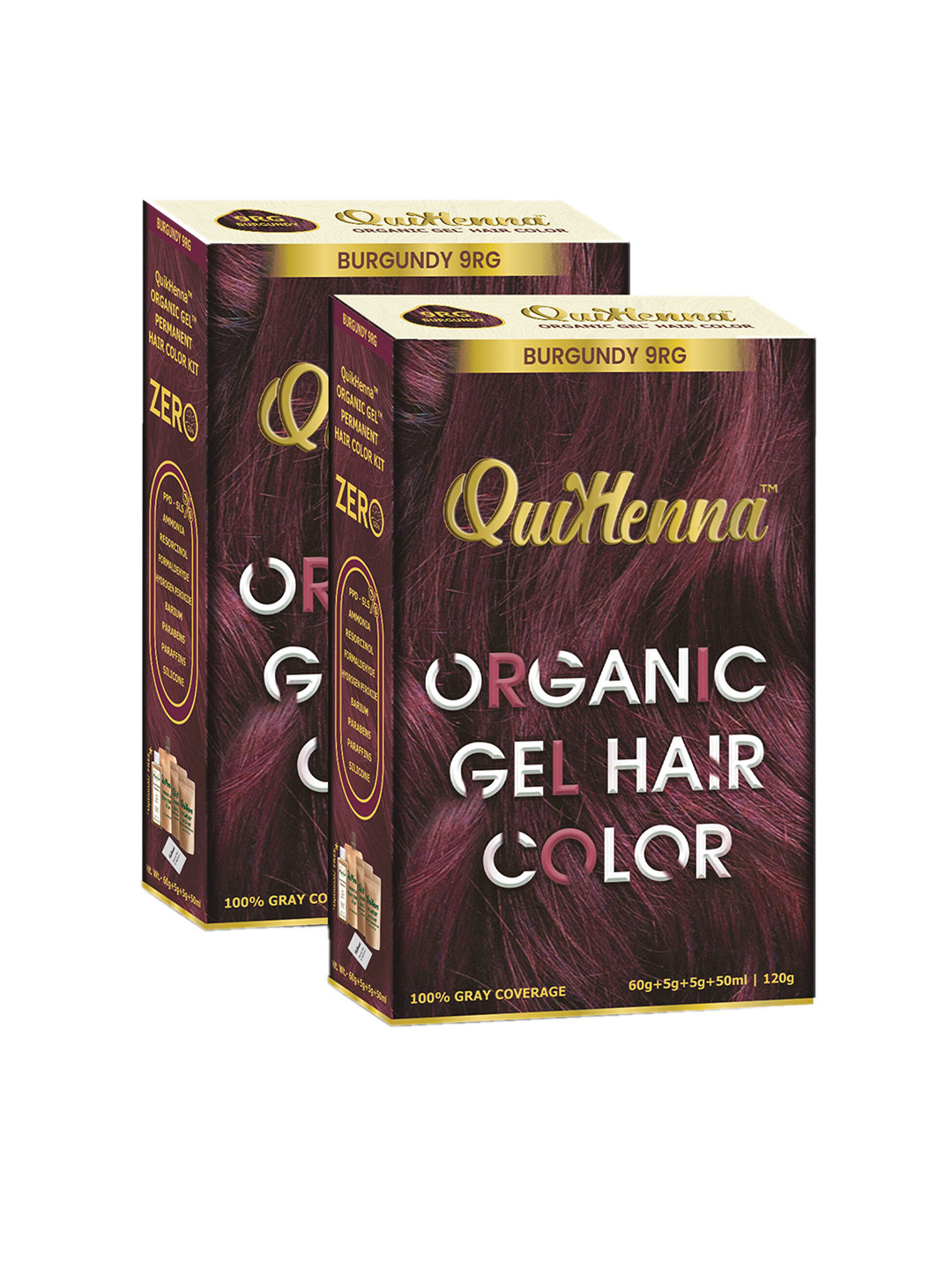 QUIKHENNA Set of 2 Organic Gel Ammonia-Free Permanent Hair Colour 120g each - Burgundy 9RG