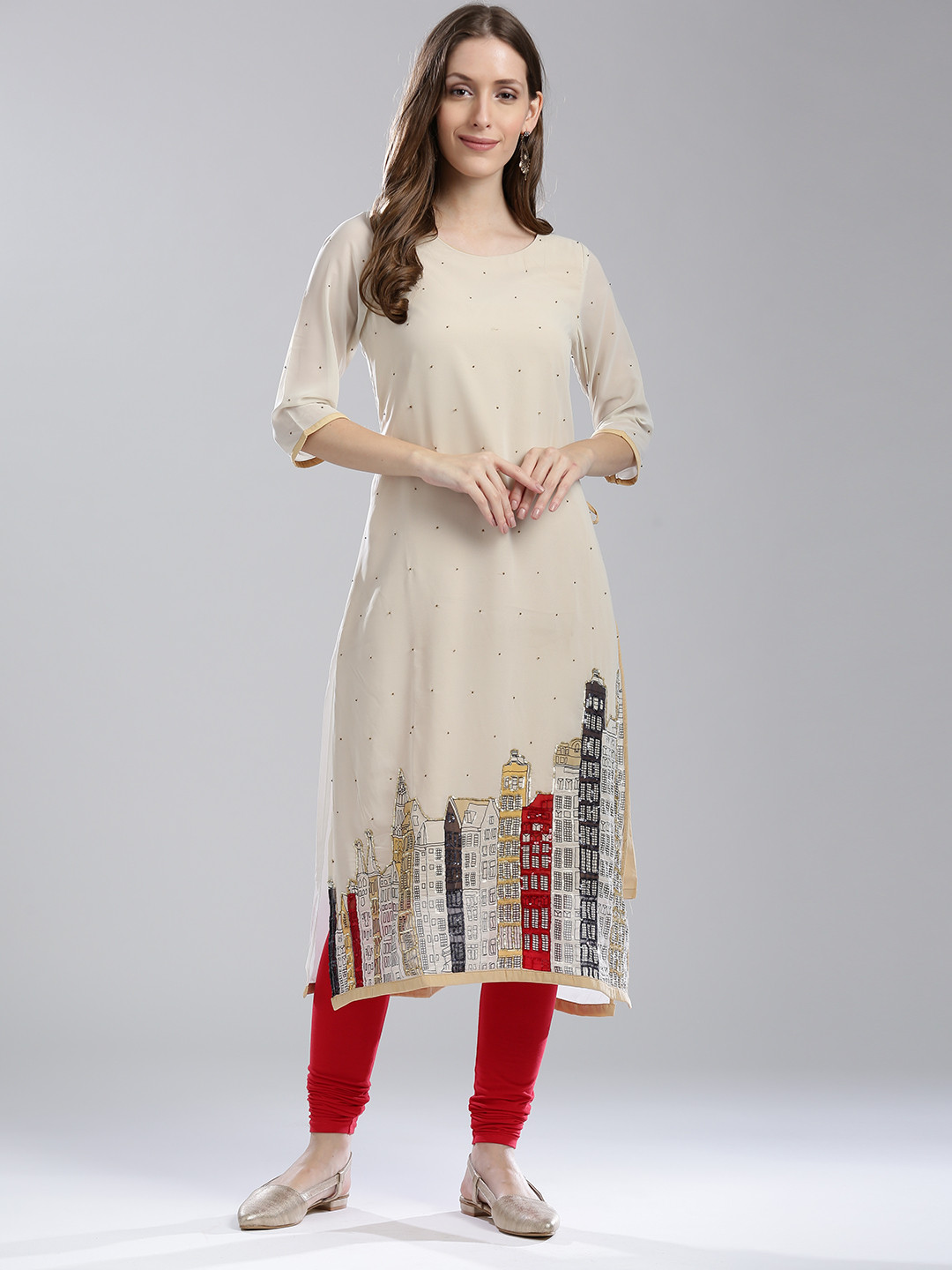 WISHFUL by W Women Off-White Quirky Print Straight Kurta