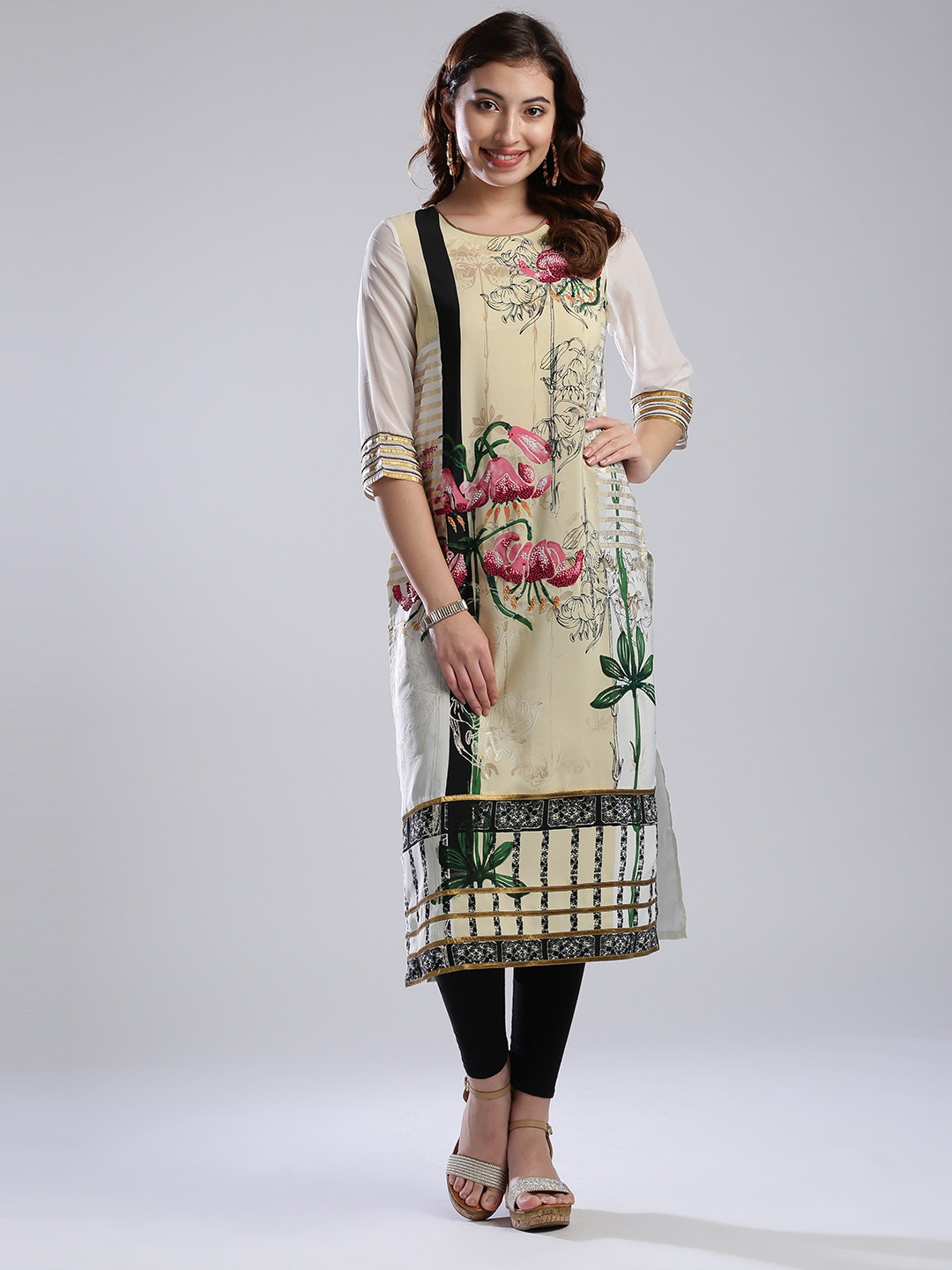 WISHFUL by W Women Cream-Coloured & White Floral Print Straight Kurta